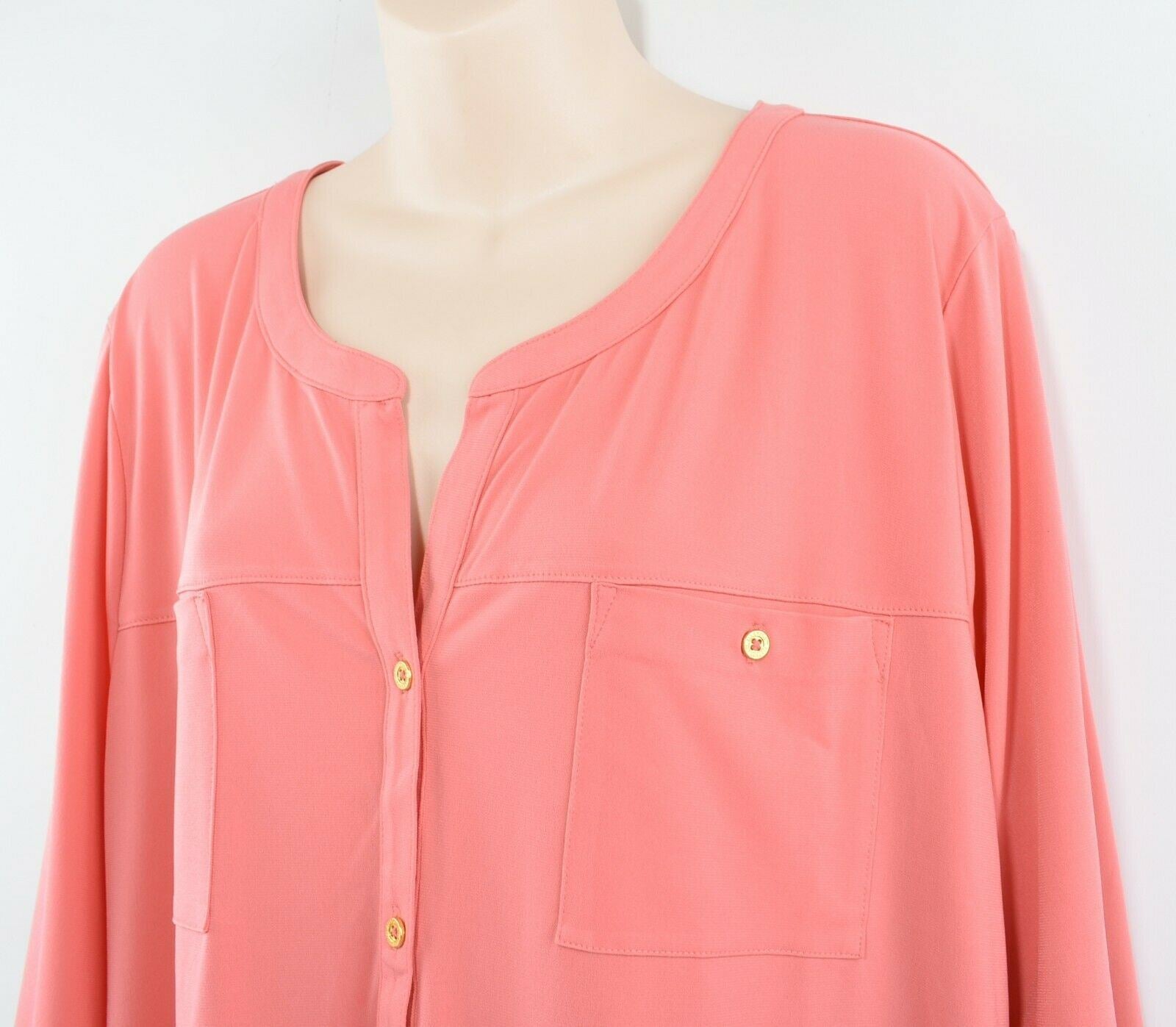 ELLEN TRACY Women's Button Down 1/2 Sleeve Shirt Top, Coral Pink, size XL