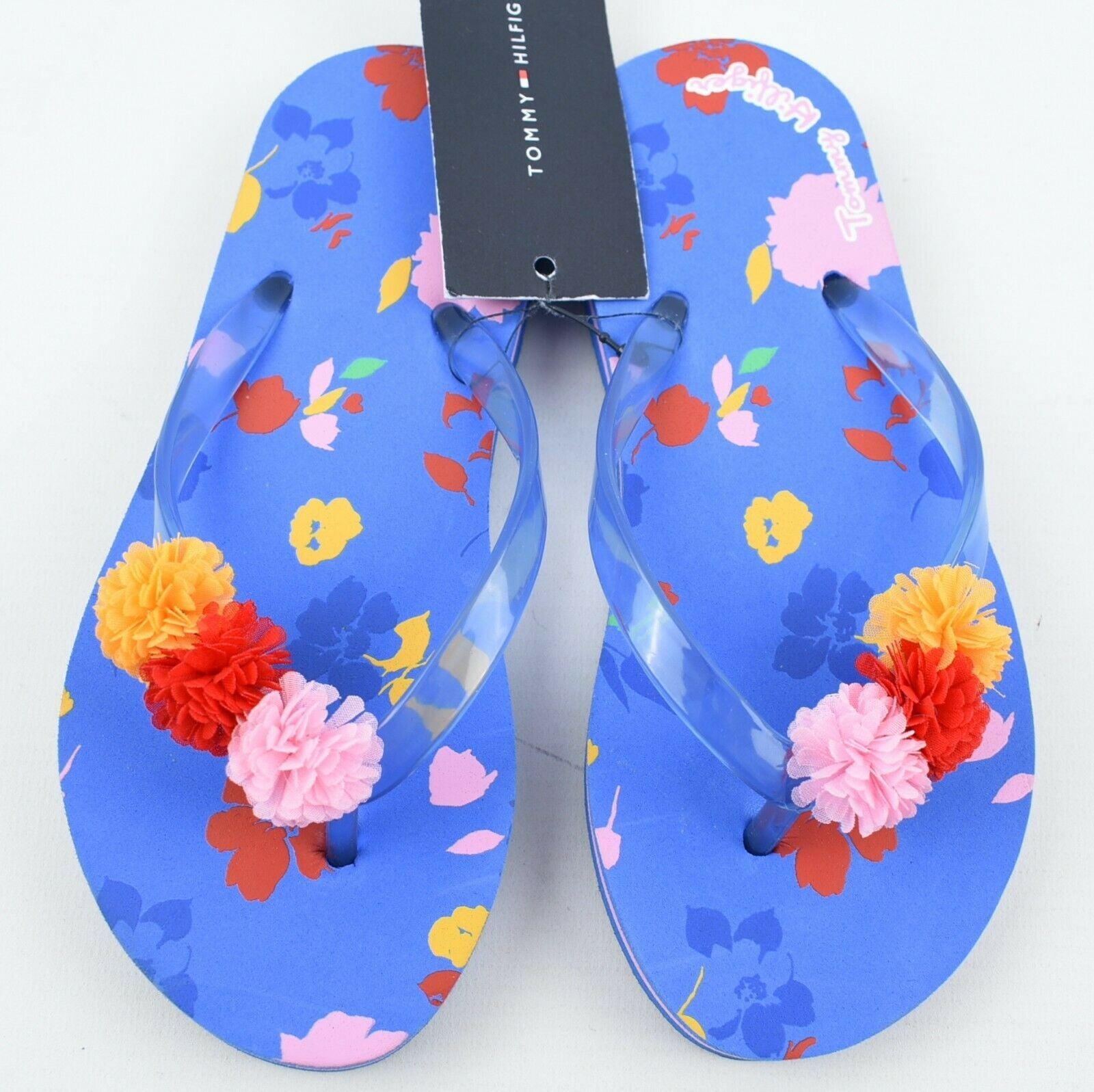 TOMMY HILFIGER Girls' Kids' Blue Floral Flip Flops Sandals, UK 1 junior /EU 33