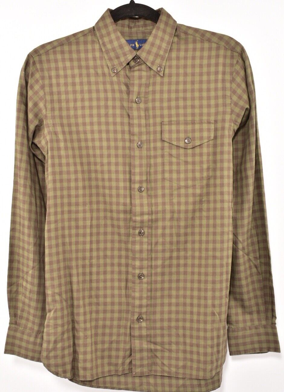 RALPH LAUREN Men's Casual Cotton Shirt, Olive Green/Black Checked, size XS