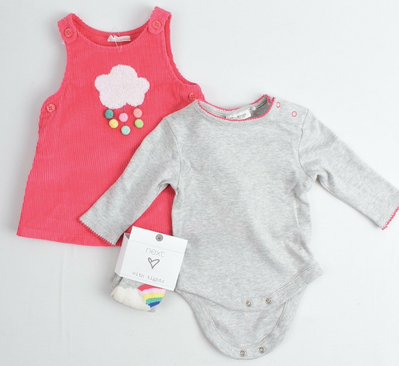 NEXT Baby Girls' Soft 3pc Dress Set, Dress+Top+Tights, Grey/Pink, size NEWBORN