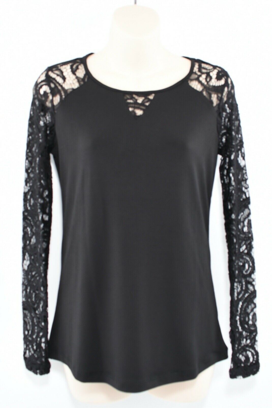 CARMEN MARC VALVO Women's Long Sleeve Top, Lace Sleeves, Black, size S