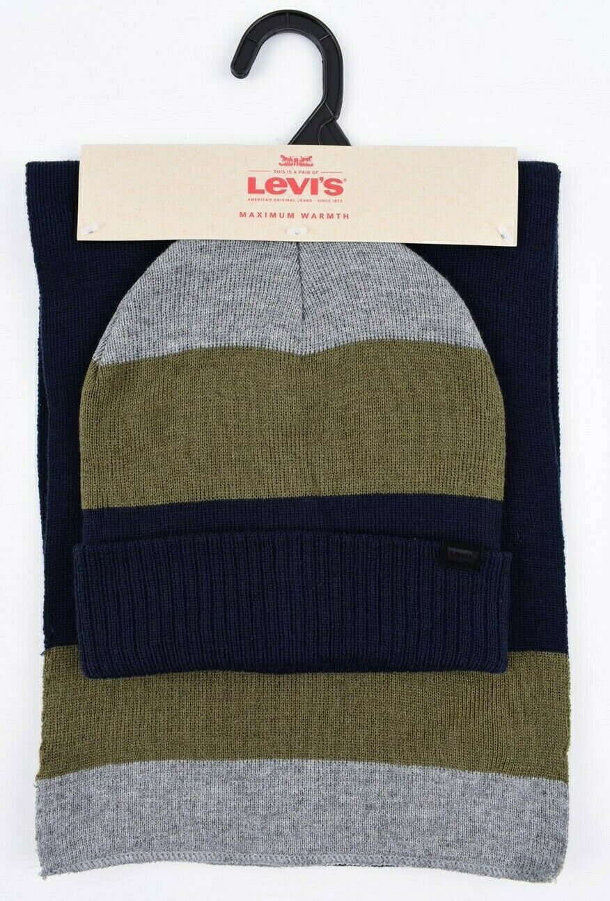 LEVI'S Men's 2-pc Knitted Winter Set, Scarf + Beanie Hat, Navy Blue/Green/Grey