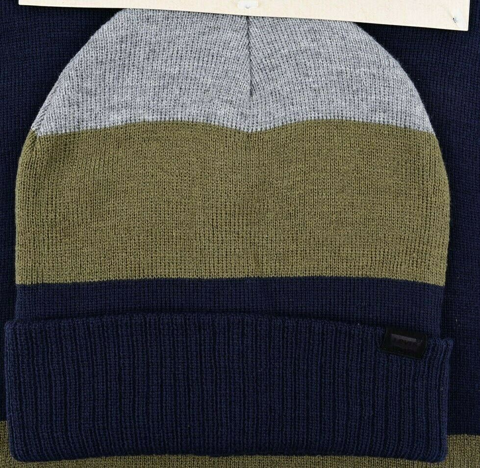 LEVI'S Men's 2-pc Knitted Winter Set, Scarf + Beanie Hat, Navy Blue/Green/Grey