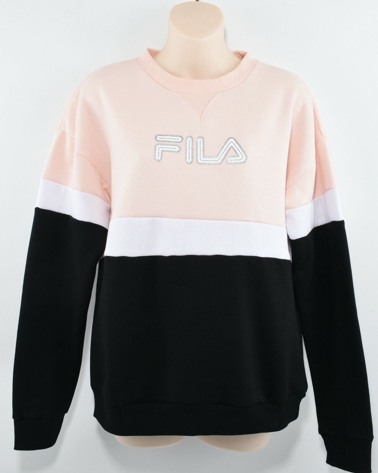 FILA Women's JEM Loose Fit Crew Neck Colour-block Sweatshirt, Pink/Black, size S