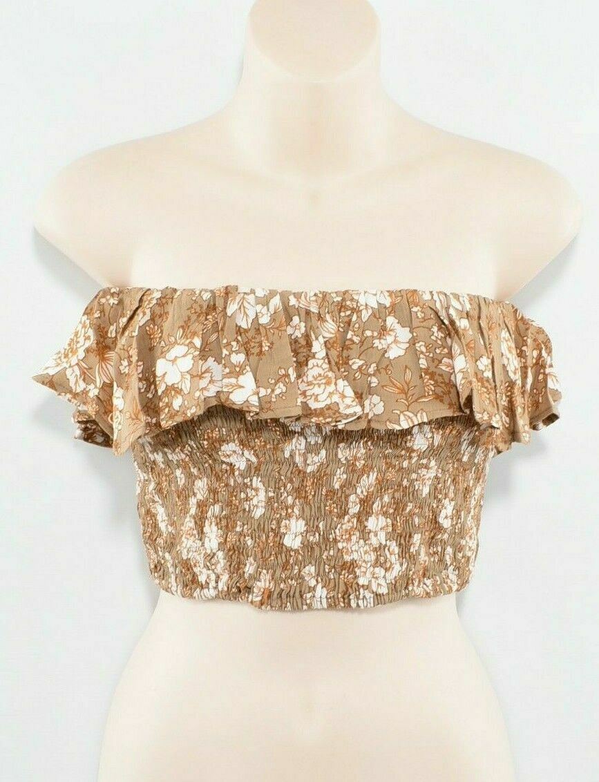 FAITHFUL THE BRAND Women's INES Floral Crop Top, Khaki/Brown, size L