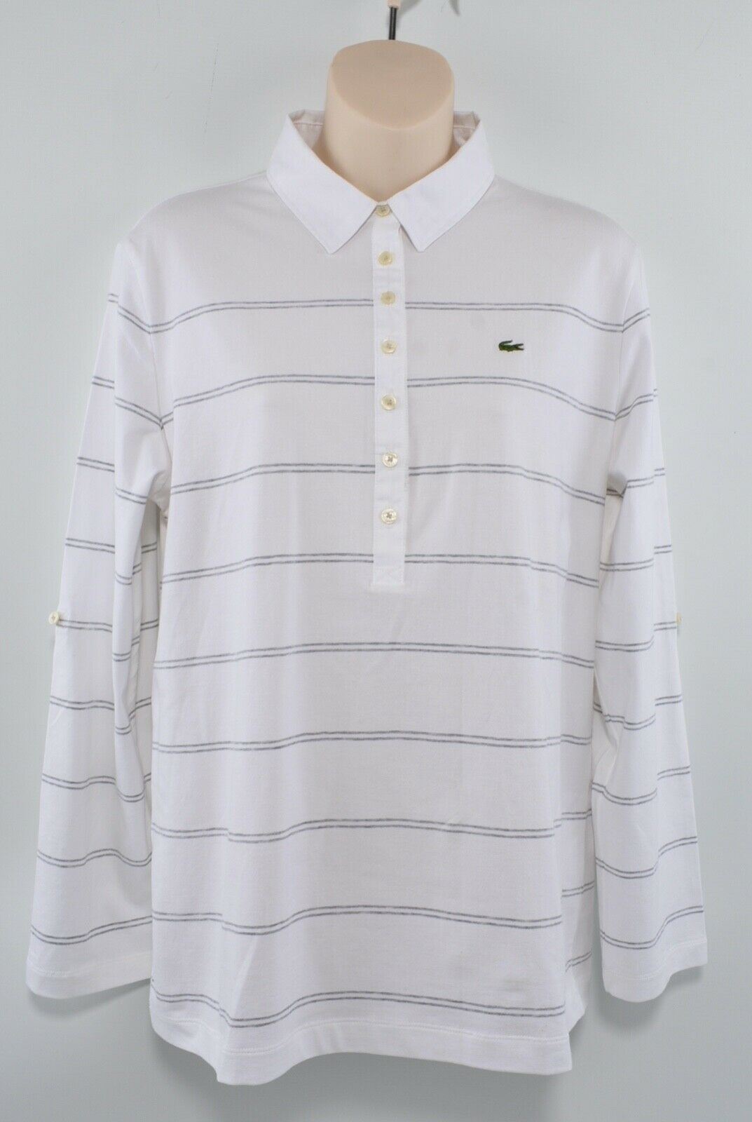 LACOSTE Women's White & Grey Stripes Long Sleeve Collared Top, size L