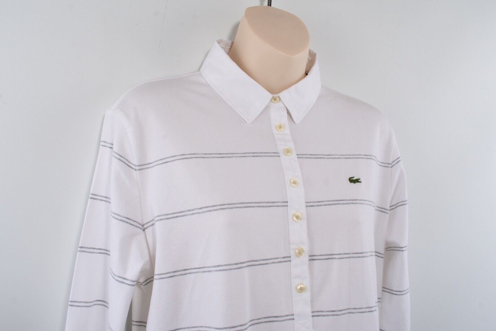 LACOSTE Women's White & Grey Stripes Long Sleeve Collared Top, size L