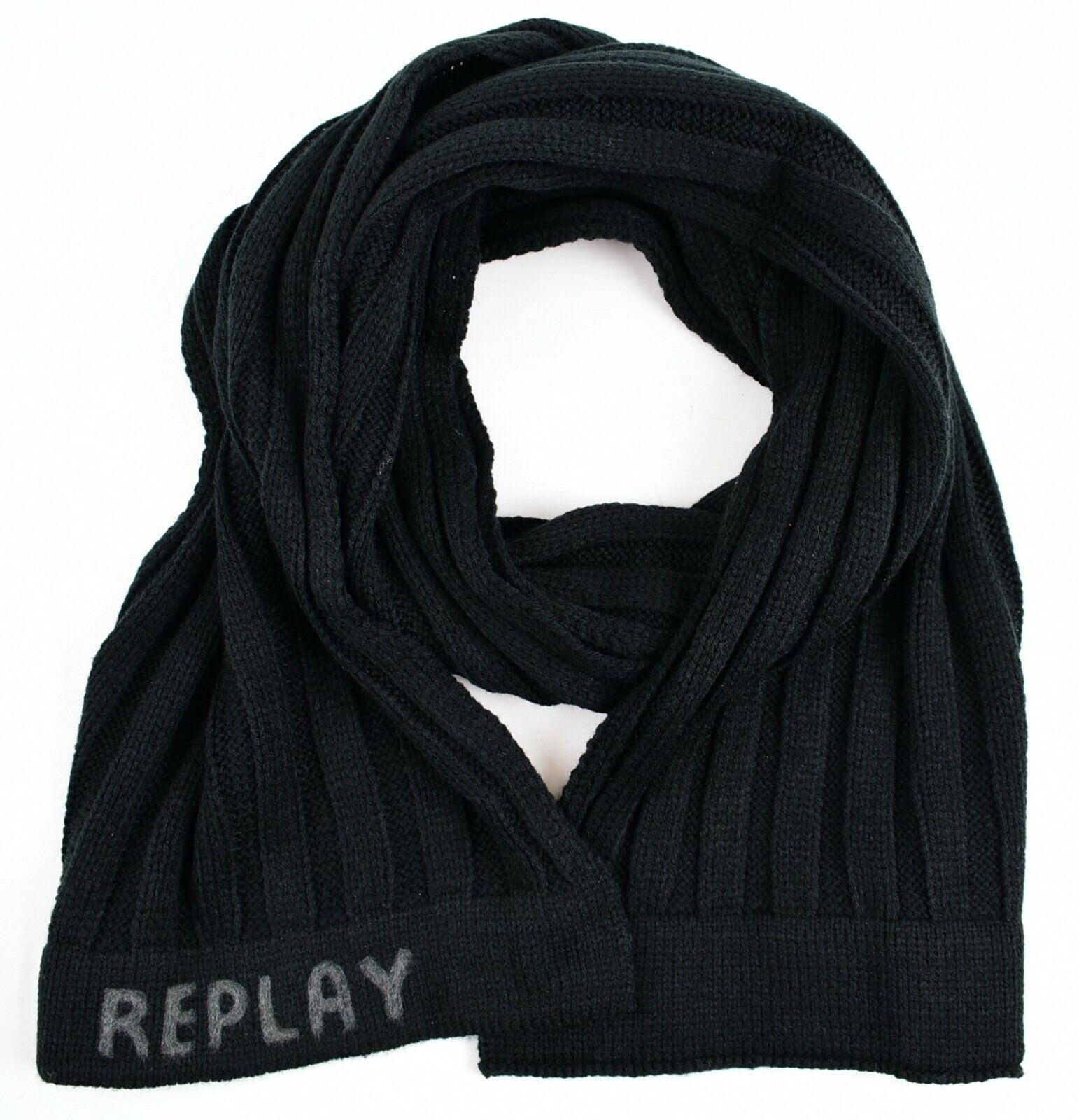 REPLAY Men's Black Rib Knit Scarf, Acrylic /Wool Blend, Gift Boxed