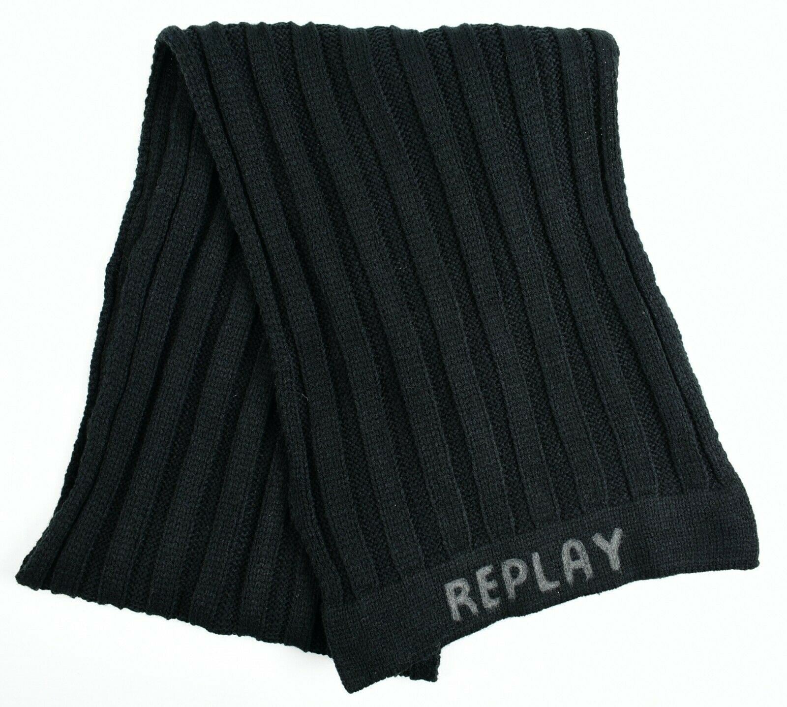 REPLAY Men's Black Rib Knit Scarf, Acrylic /Wool Blend, Gift Boxed