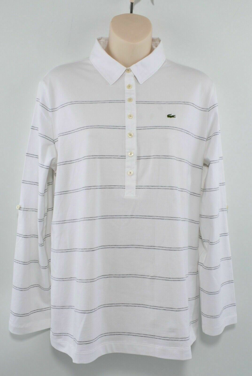 LACOSTE Women's White & Grey Stripes Long Sleeve Collared Top, size M