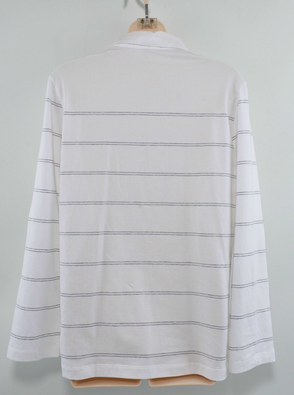 LACOSTE Women's White & Grey Stripes Long Sleeve Collared Top, size M