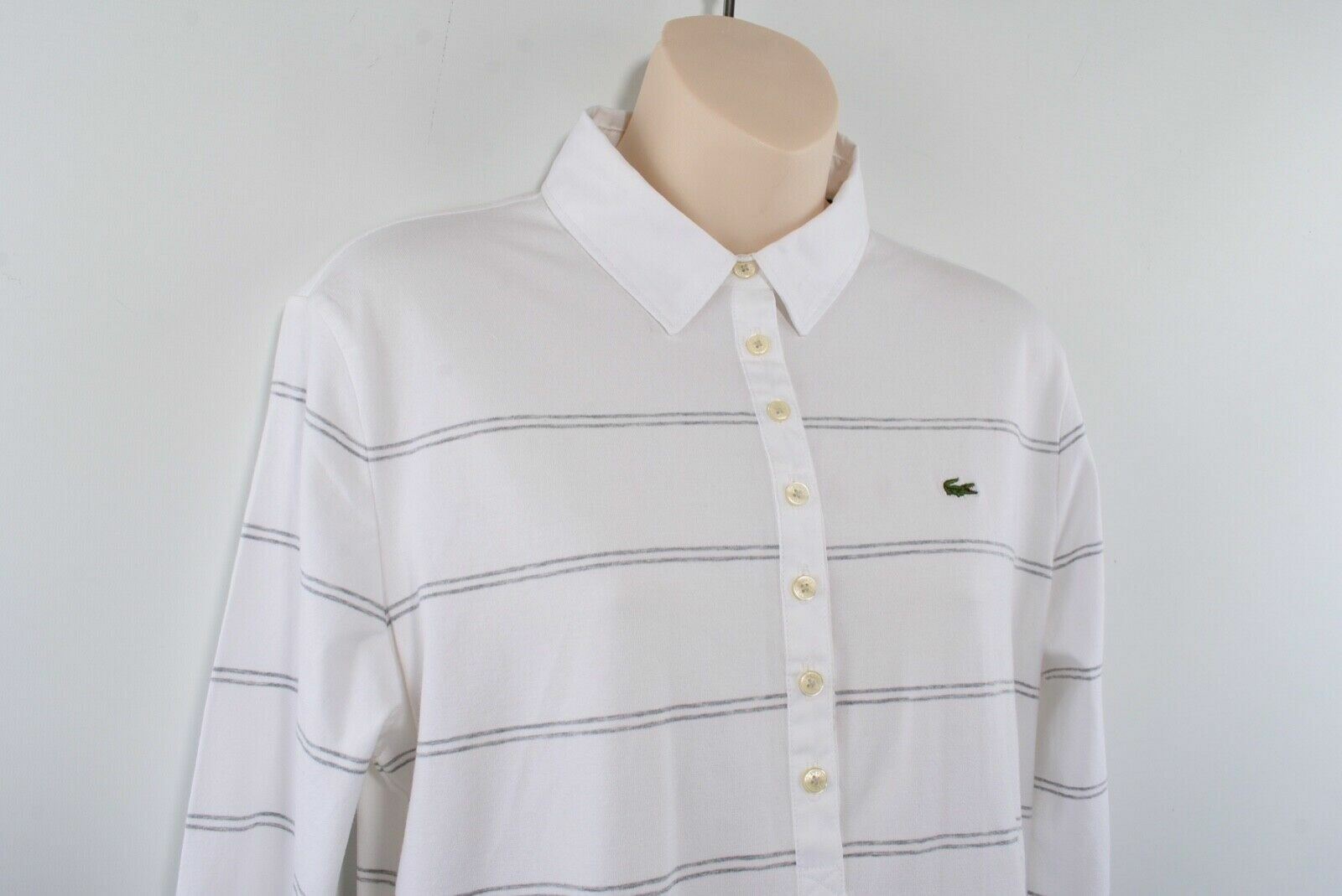 LACOSTE Women's White & Grey Stripes Long Sleeve Collared Top, size M