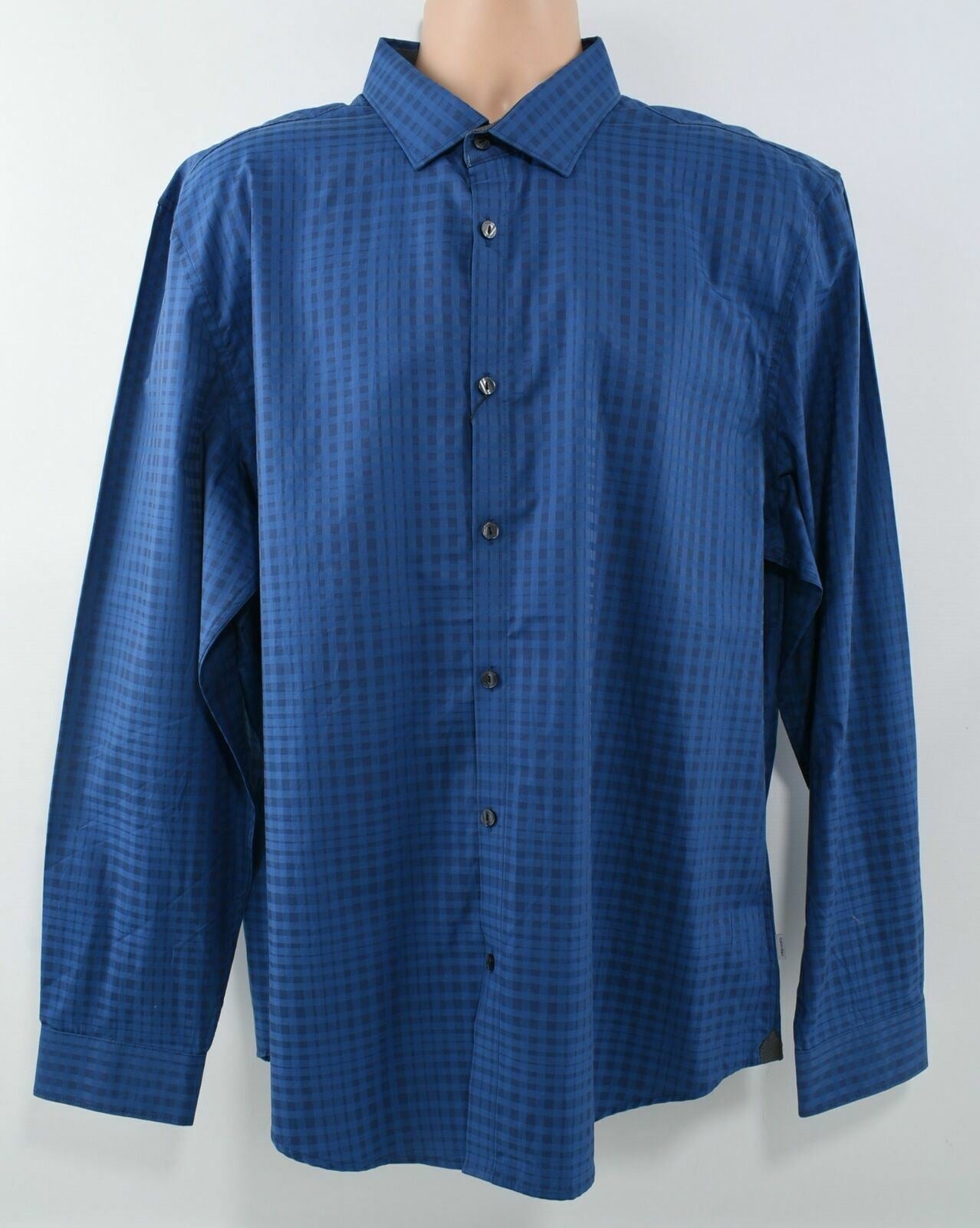 CALVIN KLEIN Men's Slim Fit Blue and Black Checked Long Sleeve Shirt- Size XL