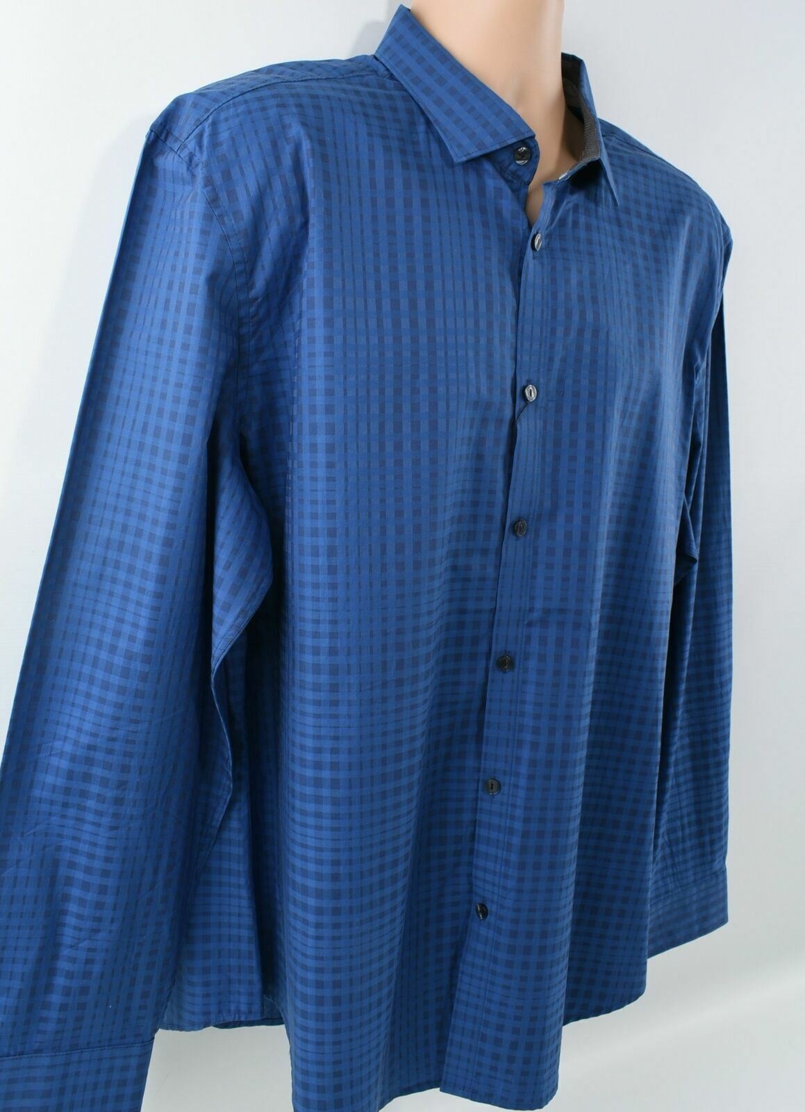 CALVIN KLEIN Men's Slim Fit Blue and Black Checked Long Sleeve Shirt- Size XL