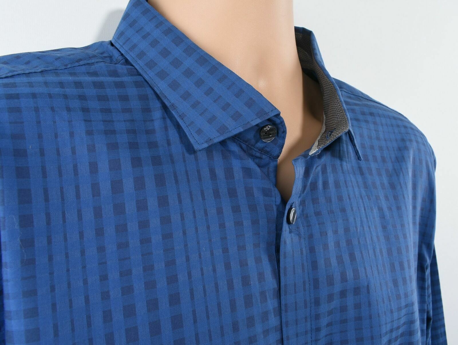 CALVIN KLEIN Men's Slim Fit Blue and Black Checked Long Sleeve Shirt- Size XL