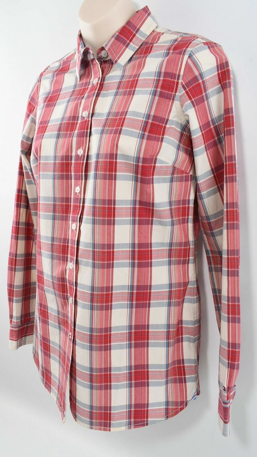 TOMMY HILFIGER Women's Red Plaid Long Sleeved Collared Shirt- UK 6 EU 34