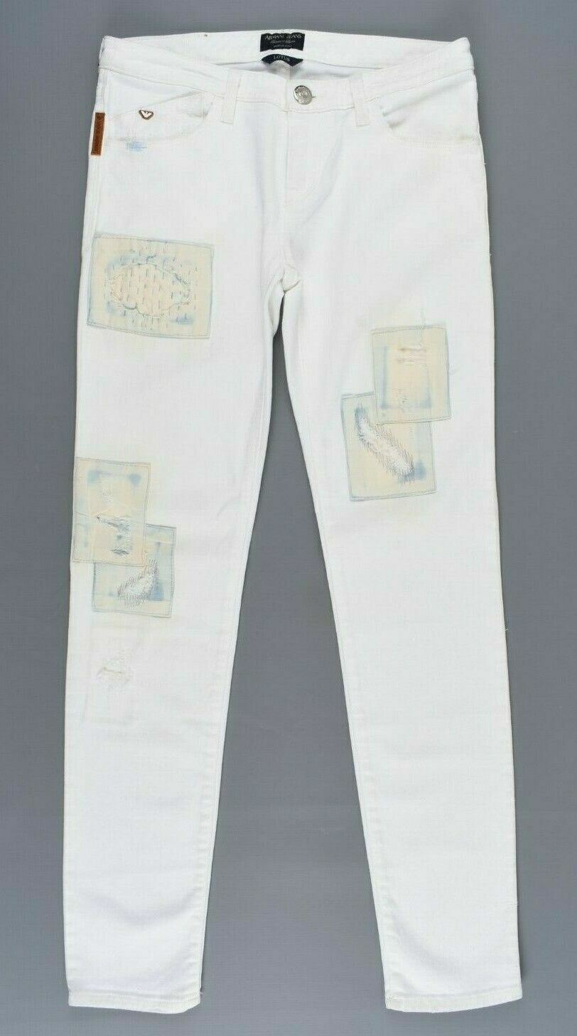 ARMANI JEANS Women's LOTUS  Distressed Patch Low Rise Skinny Jeans, Ivory, W25