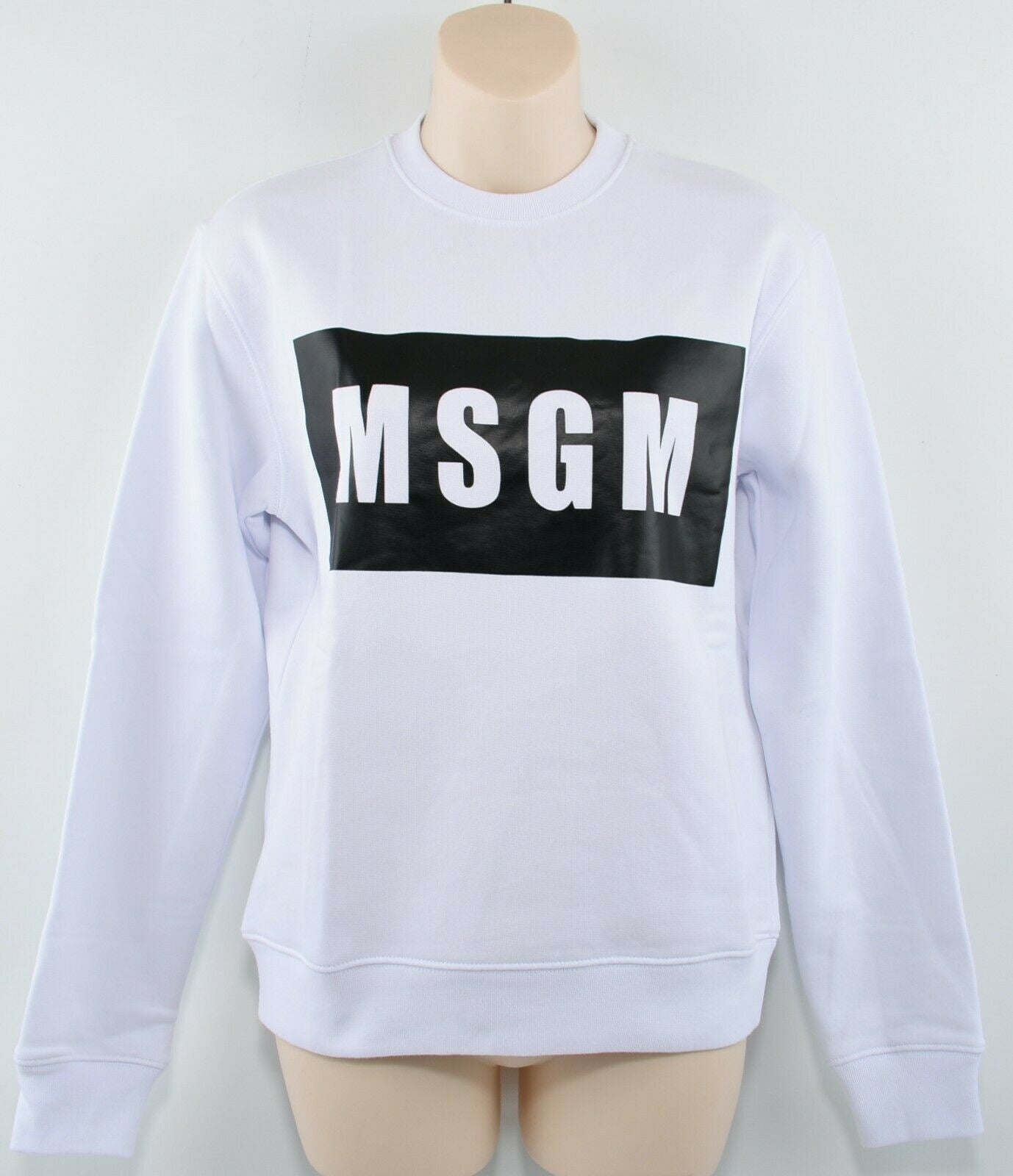 MSGM Women's White Crew Neck Sweatshirt, Black/White Logo Print, size XSf