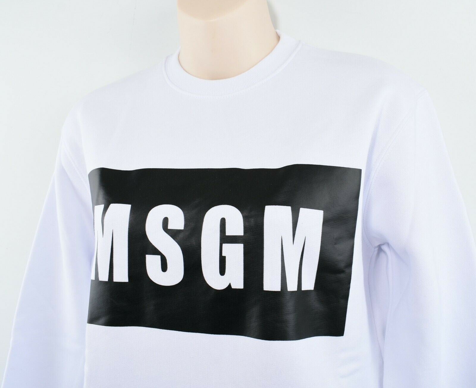 MSGM Women's White Crew Neck Sweatshirt, Black/White Logo Print, size XSf