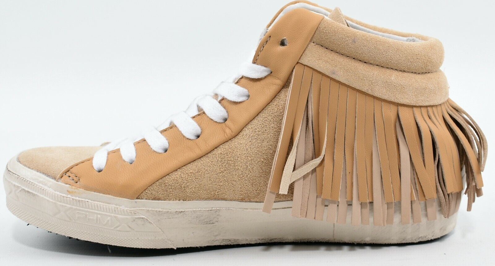 PHILIPPE MODEL Women's Mid Top Beige Leather Fringe Trainers, size UK 2 / EU 35