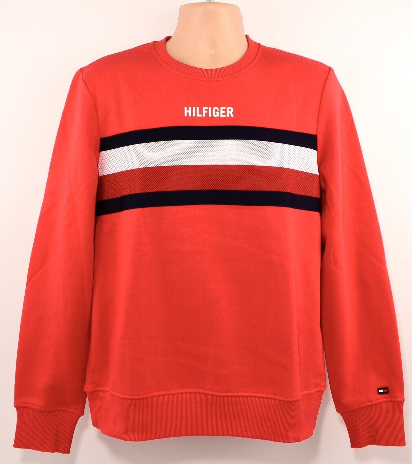 TOMMY HILFIGER Men's Crew Neck Red Sweatshirt, Striped Chest, size MEDIUM