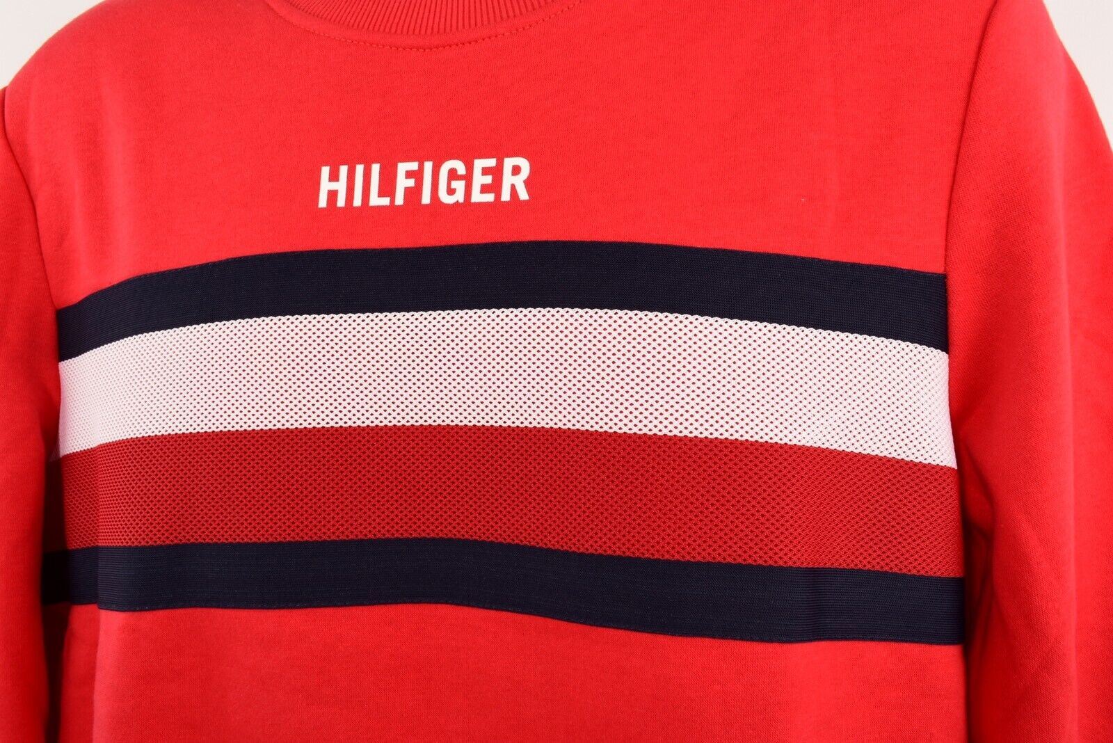 TOMMY HILFIGER Men's Crew Neck Red Sweatshirt, Striped Chest, size MEDIUM