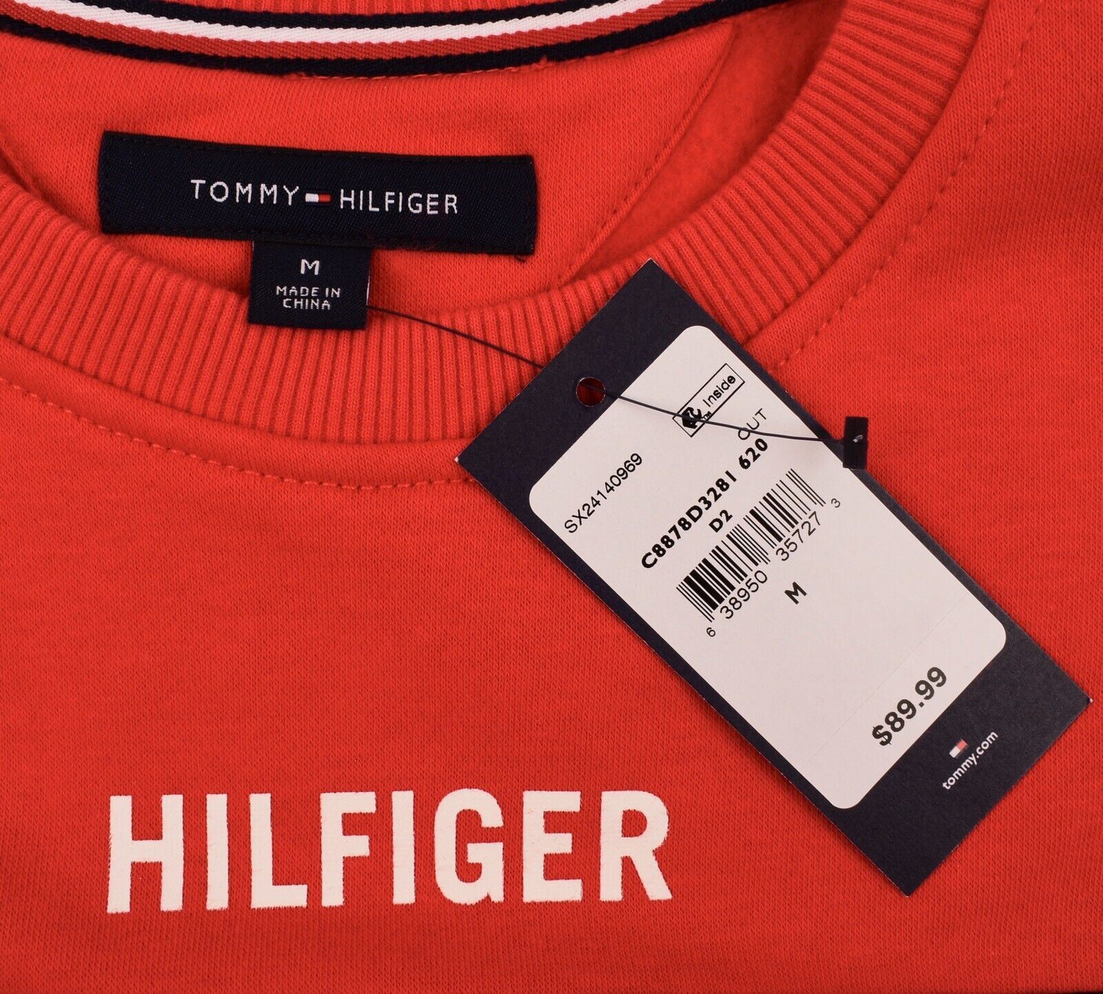 TOMMY HILFIGER Men's Crew Neck Red Sweatshirt, Striped Chest, size MEDIUM