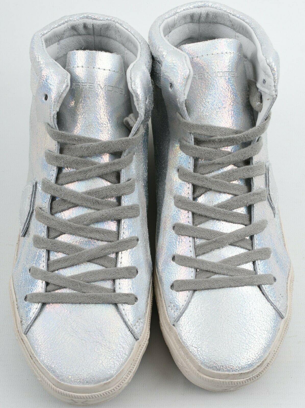 PHILIPPE MODEL Women's Mid Top Silver Leather Trainers, size UK 2 / EU 35