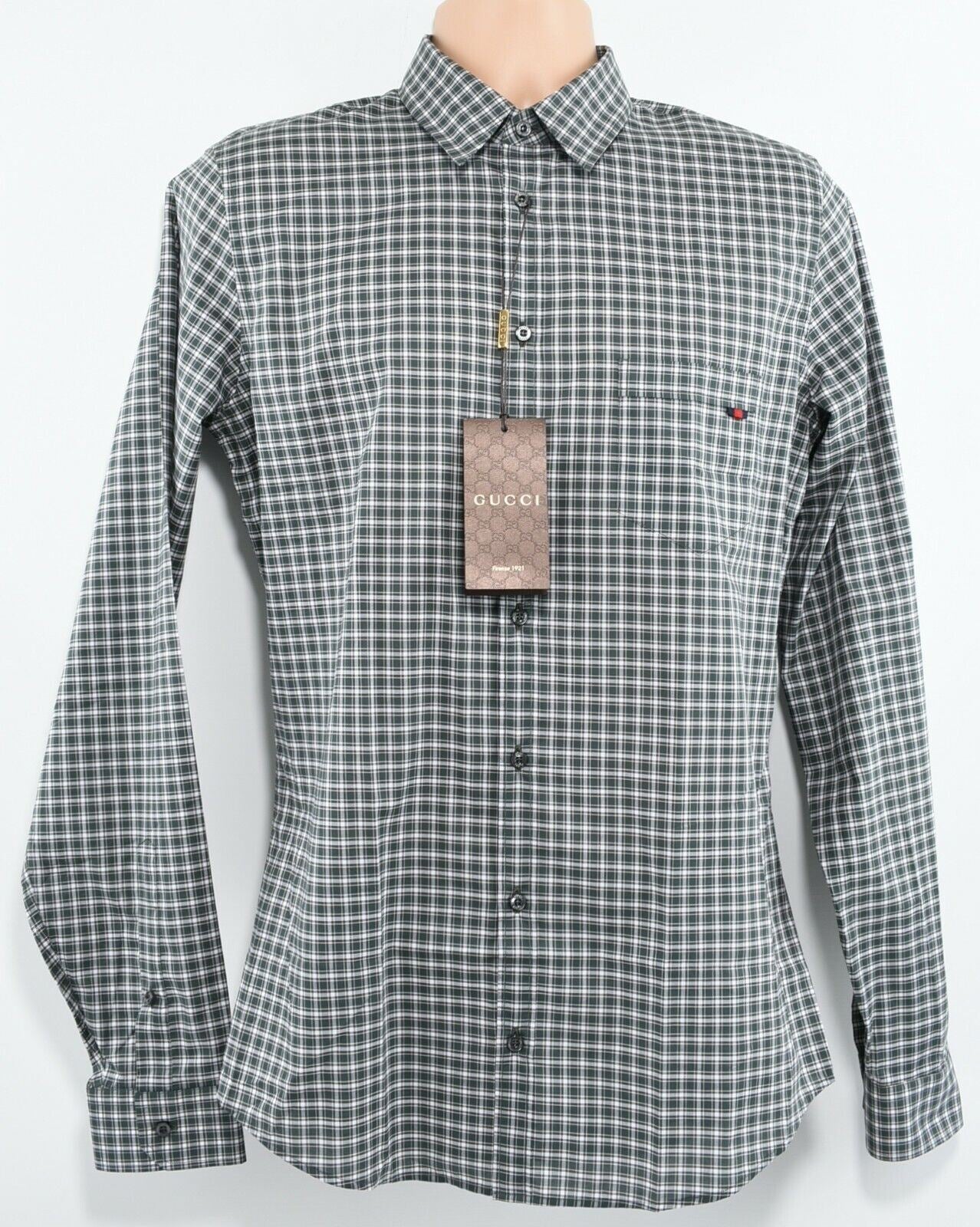 GUCCI Men's Green Checked Long Sleeve Shirt, SKINNY FIT, collar 15.5"