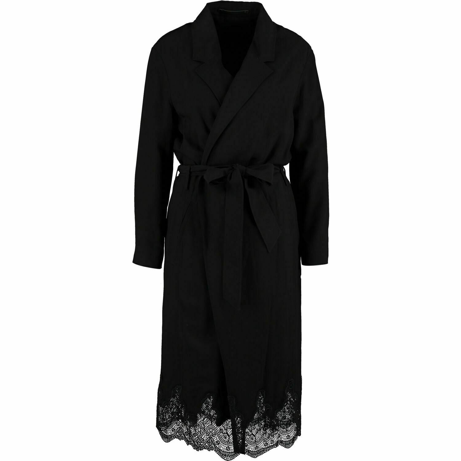 ALLSAINTS Womenâs SANDRA Black Belted Lace Hem Mac Coat, size M