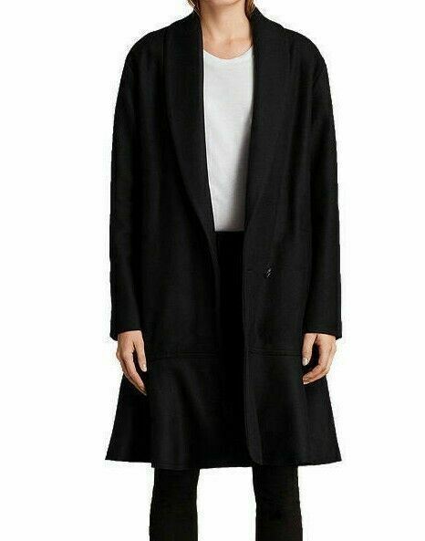 ALLSAINTS Womenâs GRACE Black Wool Blend Ruffled Hem Coat, size S