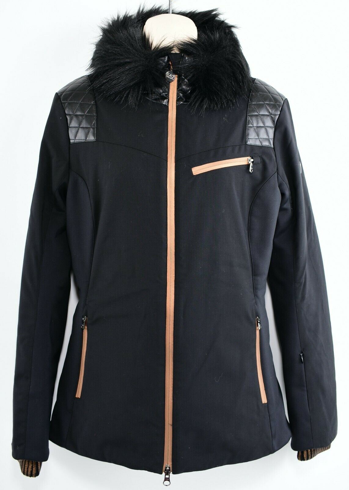 EMPORIO ARMANI EA7 Women's Ski Jacket, Faux Fur Collar, Black, size M