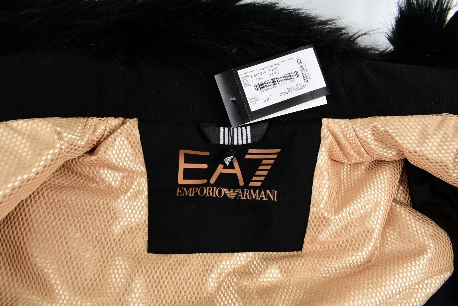 EMPORIO ARMANI EA7 Women's Ski Jacket, Faux Fur Collar, Black, size M