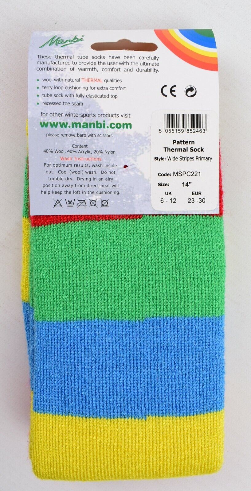 MANBI 14" Colourful Thermal Socks, Wool Blend (40% wool) UK kids size 6-12