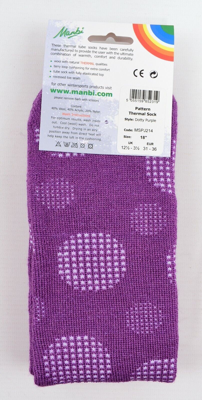 MANBI 18" Purple/Dotty Socks, Wool Blend (40% wool) UK kids size 12.5-3.5