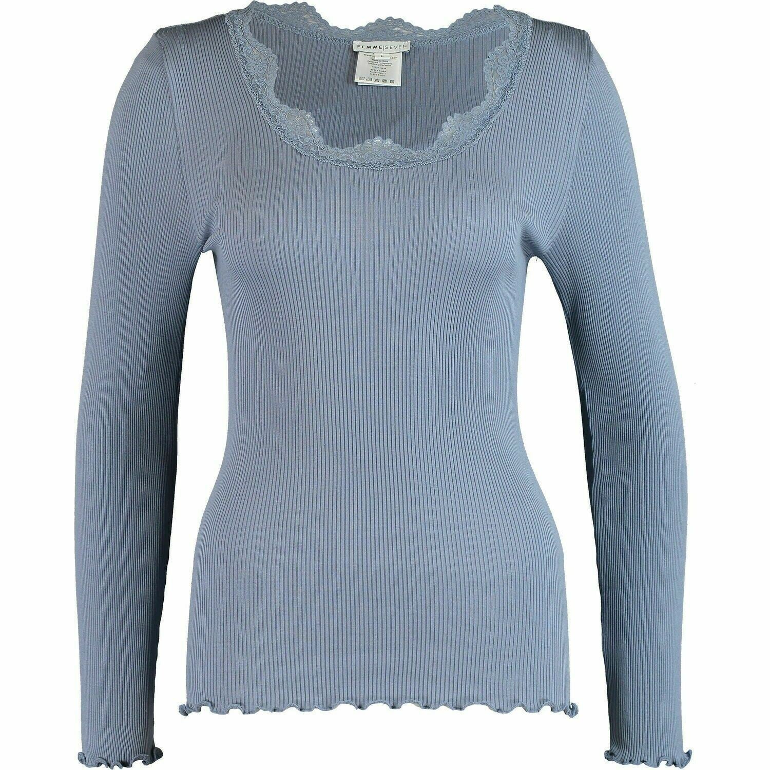 FEMME SEVEN Women's BERLIN Long Sleeve Top, SILK Blend, Shadow Blue, size Large