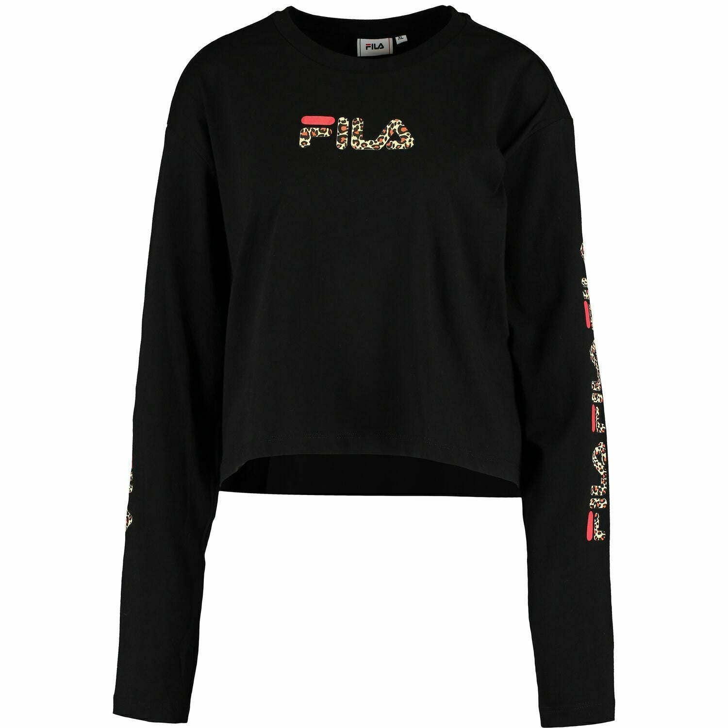 FILA Women's REVA Long Sleeve Crop Top, Black/Leopard, size XS