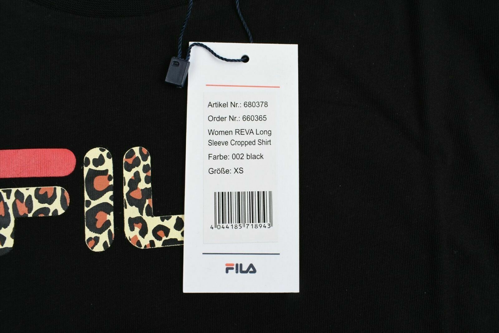 FILA Women's REVA Long Sleeve Crop Top, Black/Leopard, size XS