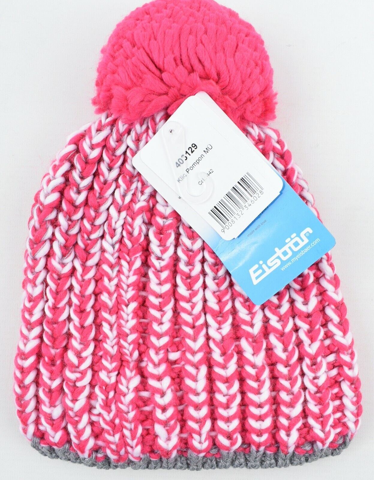 EISBAR Women's KLIO Ski Winter Merino Wool Bobble Beanie Hat, Pink/White