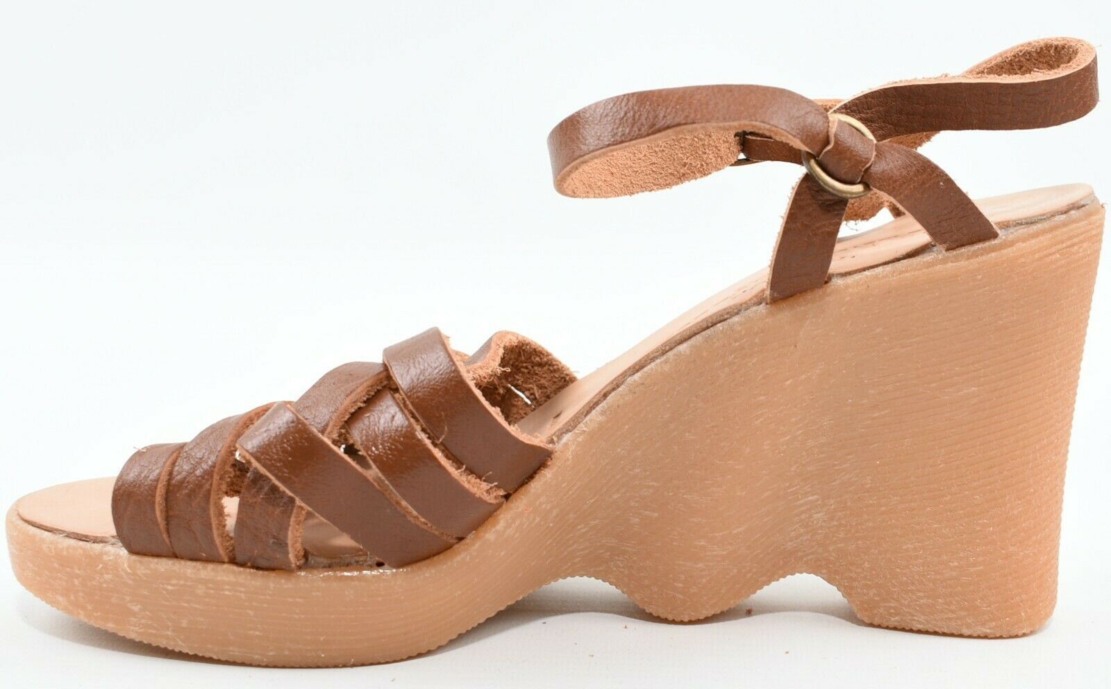 FAMOLARE Women's Genuine Leather Wedge Sandals - Cognac Brown size UK 6.5