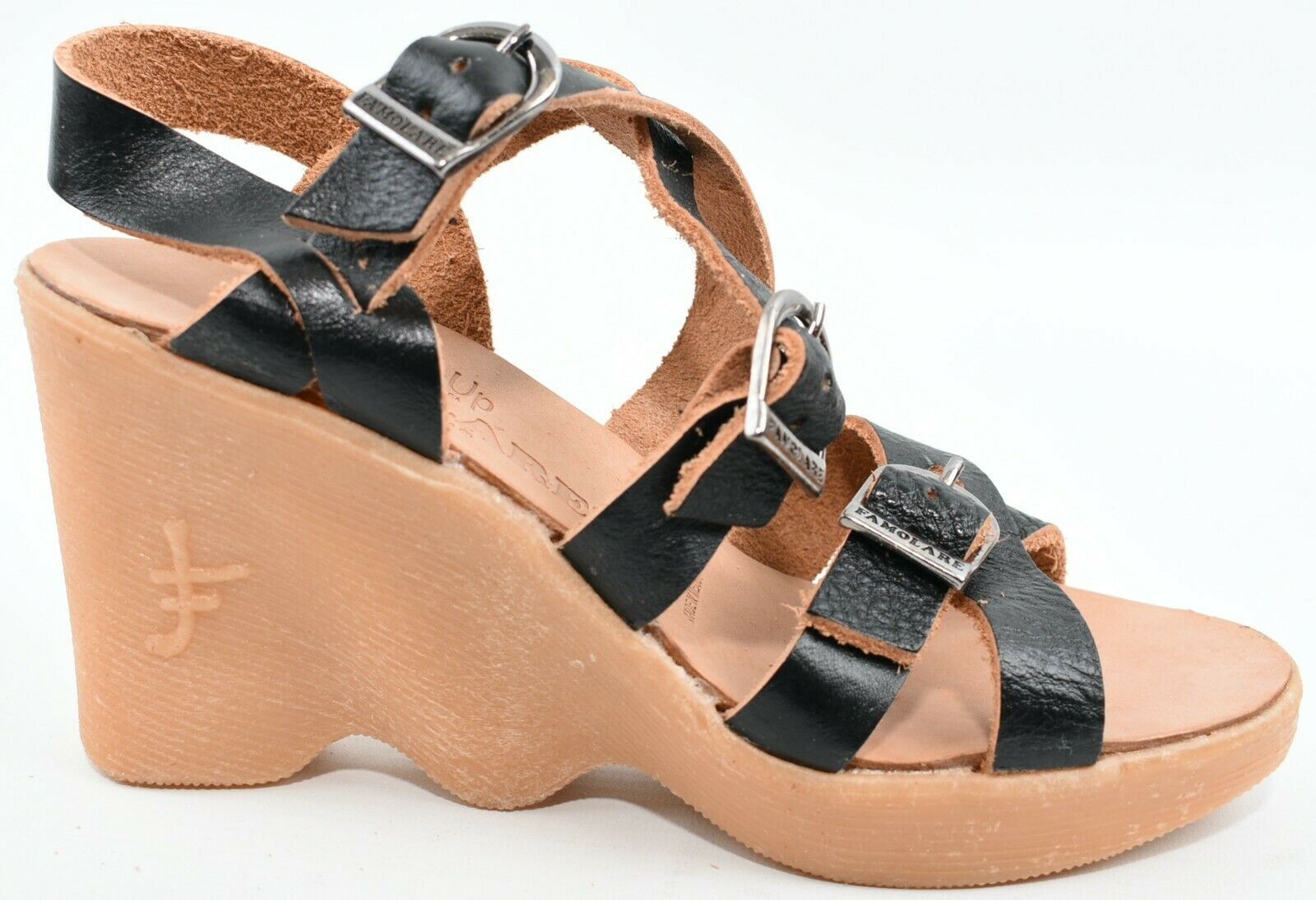 FAMOLARE Women's Black Strappy Leather Wedge Sandals, size UK 5.5