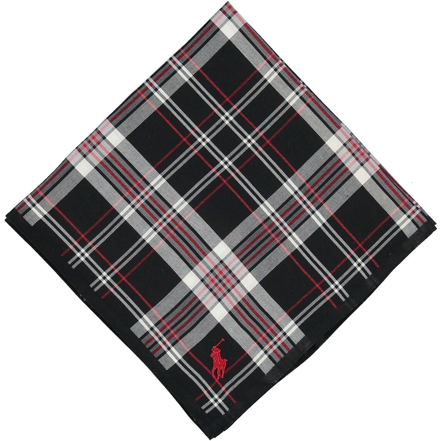 POLO RALPH LAUREN Black & Red Tartan Checked Cotton Pocket Square 48x48cm