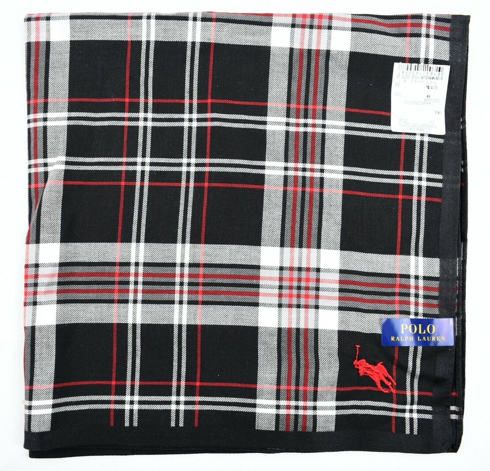 POLO RALPH LAUREN Black & Red Tartan Checked Cotton Pocket Square 48x48cm