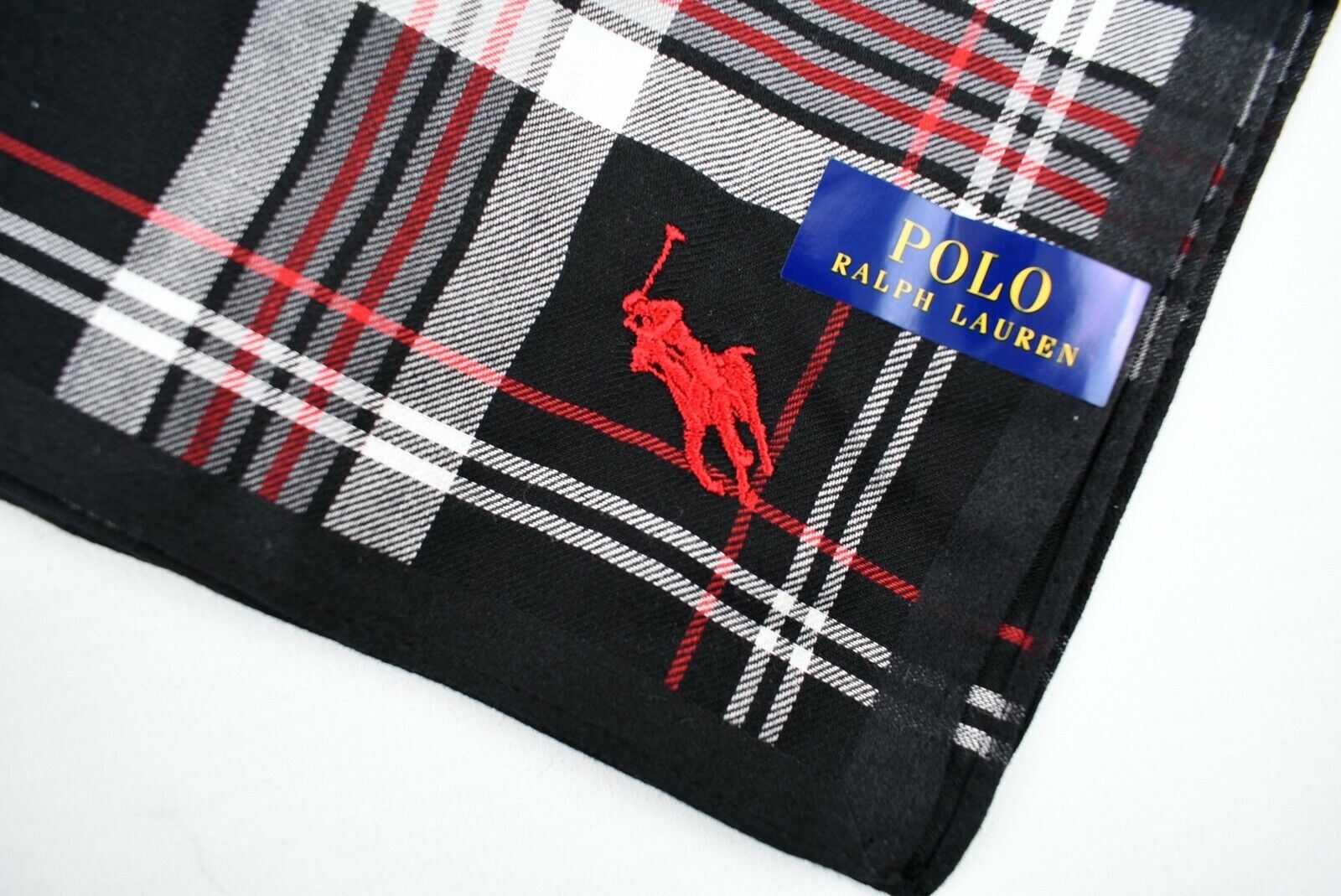 POLO RALPH LAUREN Black & Red Tartan Checked Cotton Pocket Square 48x48cm