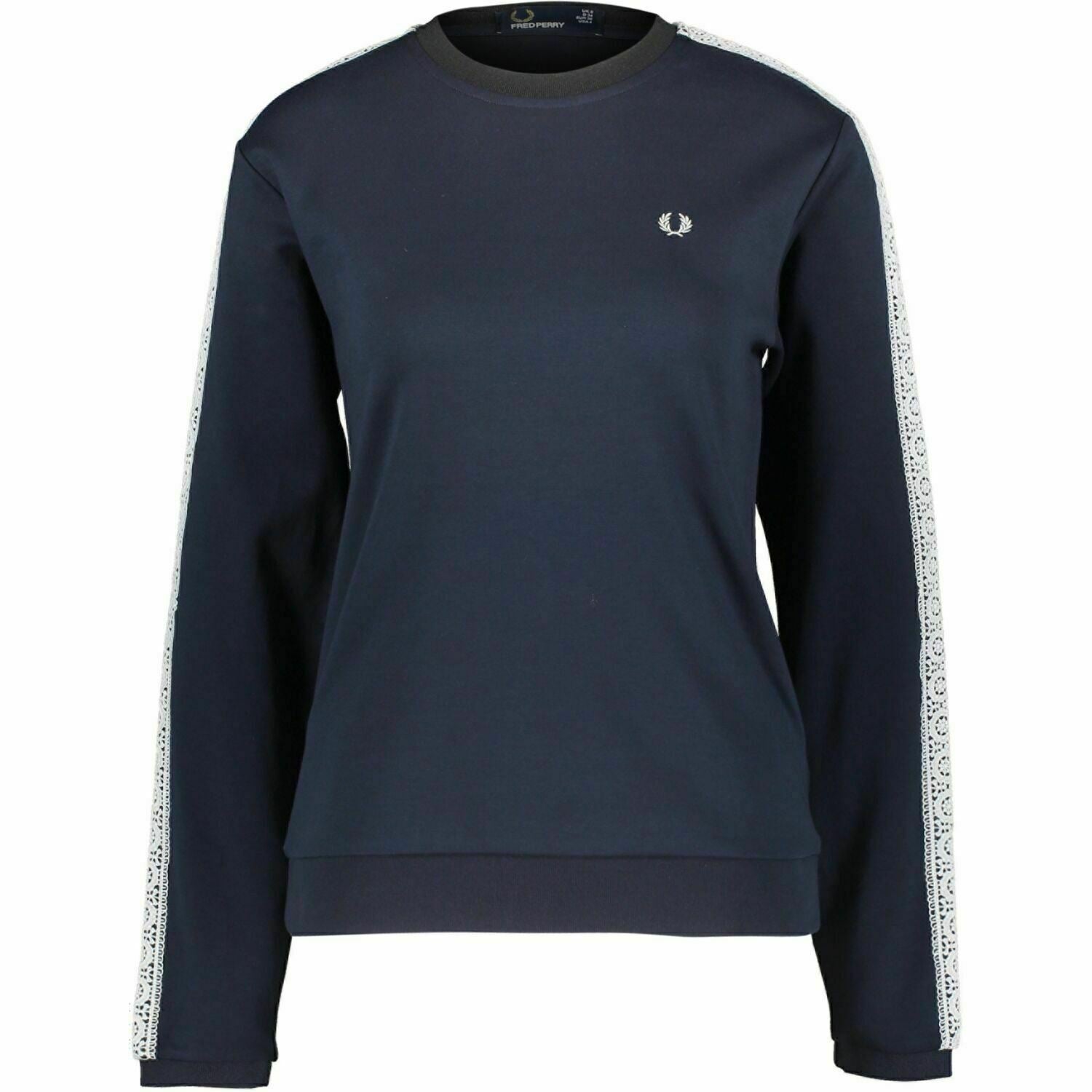 FRED PERRY Women's Carbon Blue & White Lace Sleeve Tape Sweatshirt, size UK 8