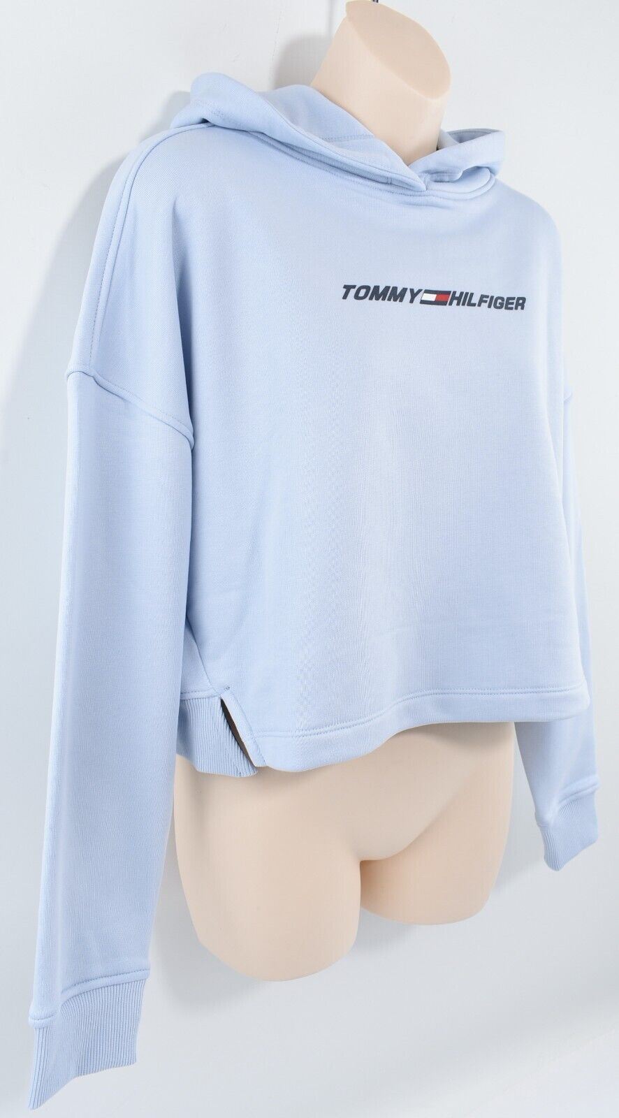 TOMMY HILFIGER Women's Cropped Logo Hoodie, Organic Cotton Blend, Blue, size S