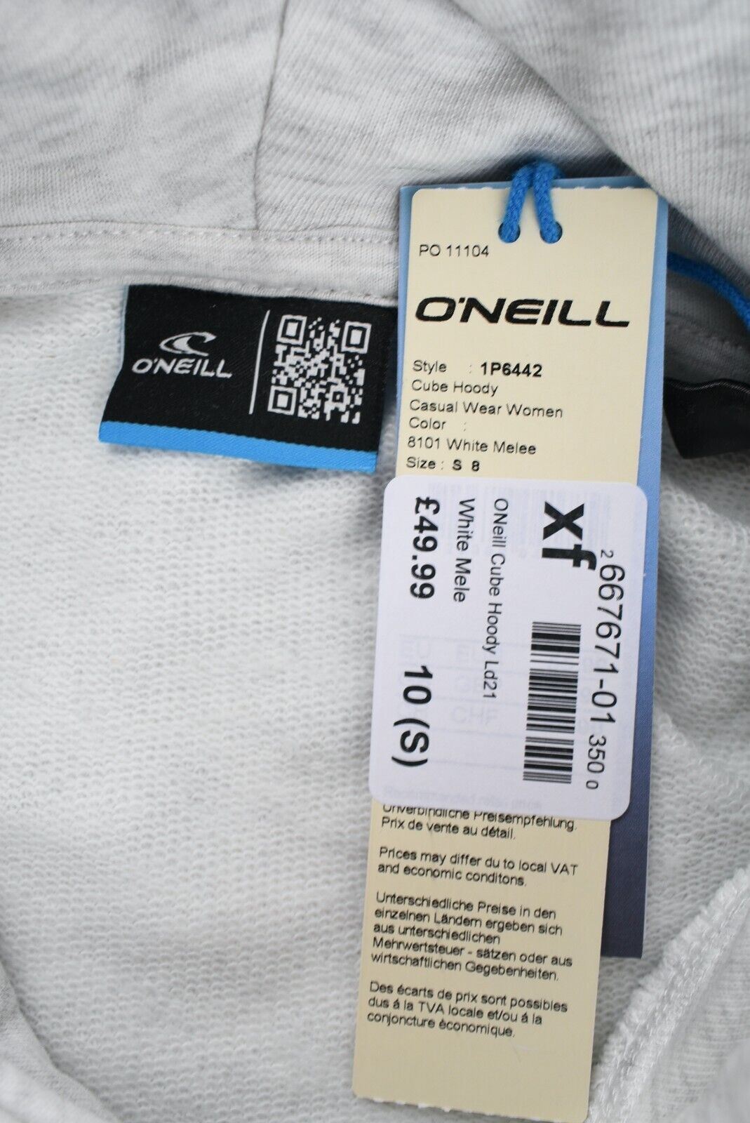 O'NEILL Women's CUBE Hoodie, Hooded Sweatshirt, White/Grey Melange, size S UK 10