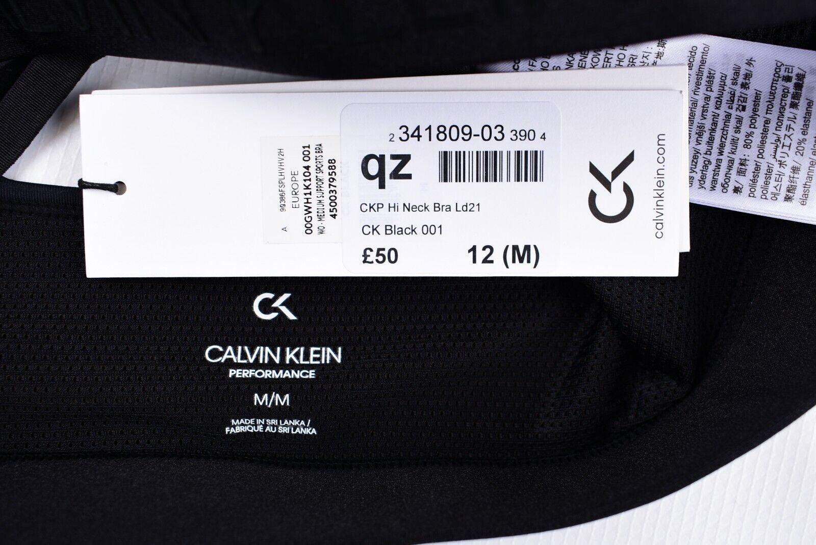 CALVIN KLEIN Women's High Neck Sports Bra, Medium Support, Black, size M UK 12