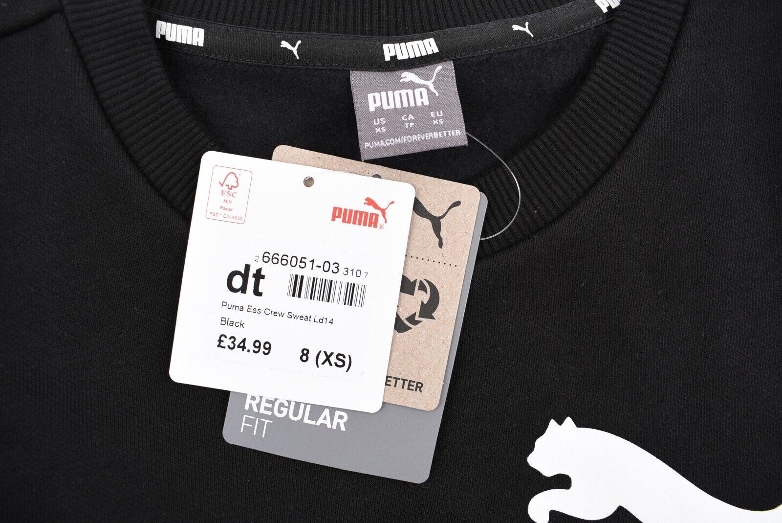 PUMA Women's Crew Neck Logo Sweatshirt, Recycled Materials, Black size XS - UK 8