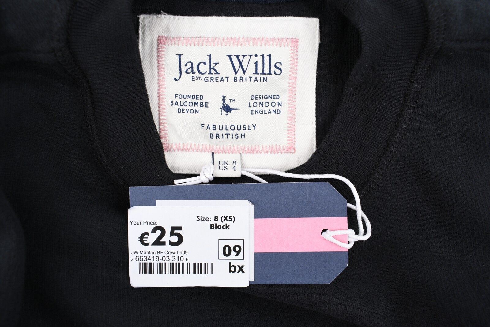 JACK WILLS Women's MANTON Boyfriend Crew Sweatshirt, Black, size XS (UK 8)